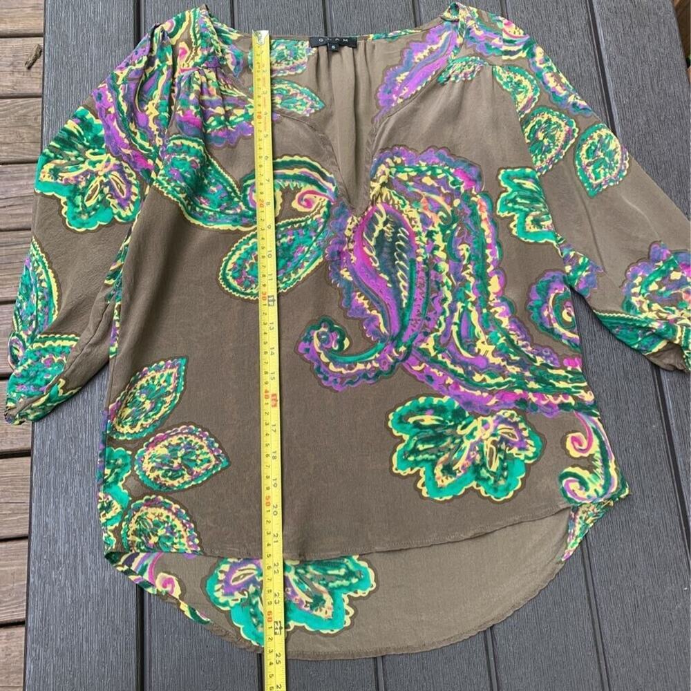 Glam Womens Blouse Brown Purple Paisley 3/4 Sleeve Notch Neck High Low Silk S - Picture 5 of 6